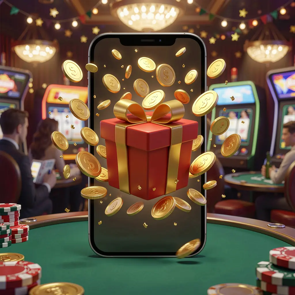 TK456 mobile casino bonus app concept showing a phone screen with a gift box and coins bursting out in a festive casino atmosphere TK456 mobile casino bonus app concept showing a phone screen with a gift box and coins bursting out in a festive casino atmosphere