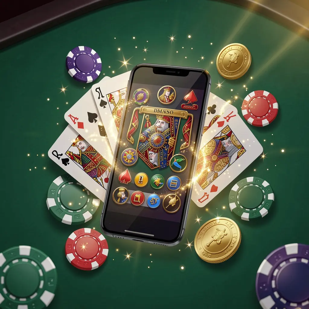 TK456 mobile gaming application concept showing a smartphone surrounded by playing cards, roulette chips, gold coins, and sparkling lights in a premium casino style TK456 mobile gaming application concept showing a smartphone surrounded by playing cards, roulette chips, gold coins, and sparkling lights in a premium casino style