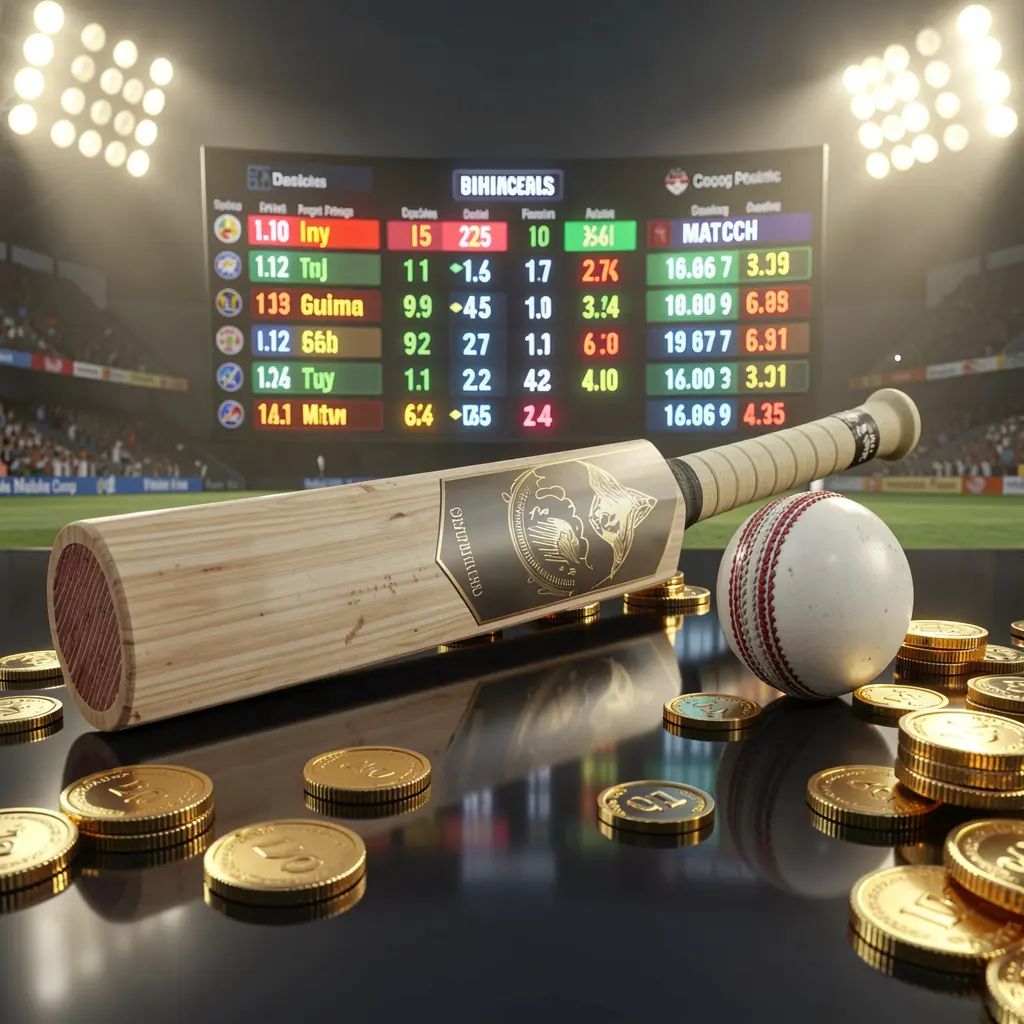 TK456 premium sports betting image showing a cricket bat and ball on a glossy dark surface with golden coins, glowing match statistics, and stadium lights in a realistic 3D render TK456 premium sports betting image showing a cricket bat and ball on a glossy dark surface with golden coins, glowing match statistics, and stadium lights in a realistic 3D render