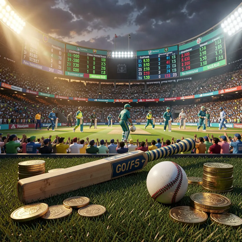 Premium cricket betting scene at a crowded cricket stadium featuring a bat and ball in the foreground with digital odds graphics and coins, illuminated by dramatic lighting, showcasing TK456's high detail 3D render Premium cricket betting scene at a crowded cricket stadium featuring a bat and ball in the foreground with digital odds graphics and coins, illuminated by dramatic lighting, showcasing TK456's high detail 3D render