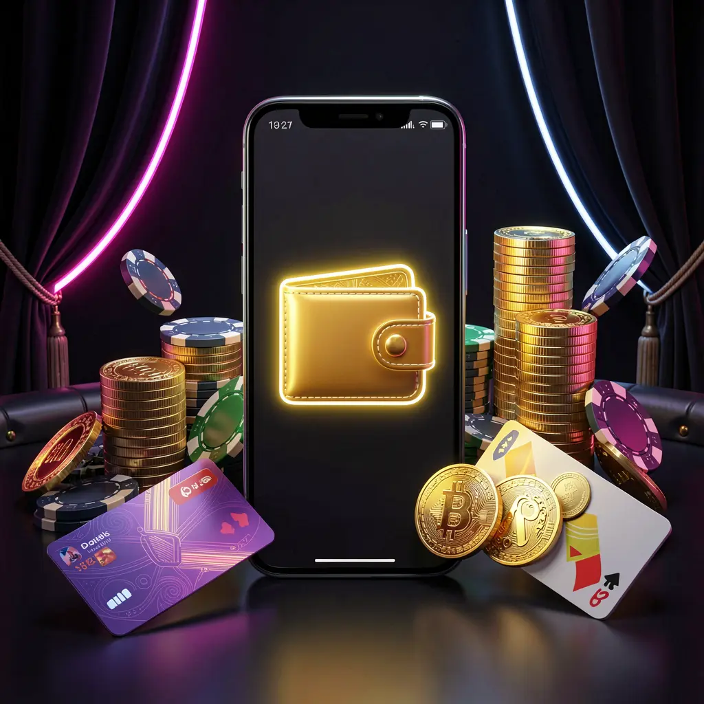 TK456 online casino deposit bonus concept with smartphone screen showing glowing wallet icon surrounded by stacks of golden coins, poker chips, and bank cards on a dark luxury background with neon highlights