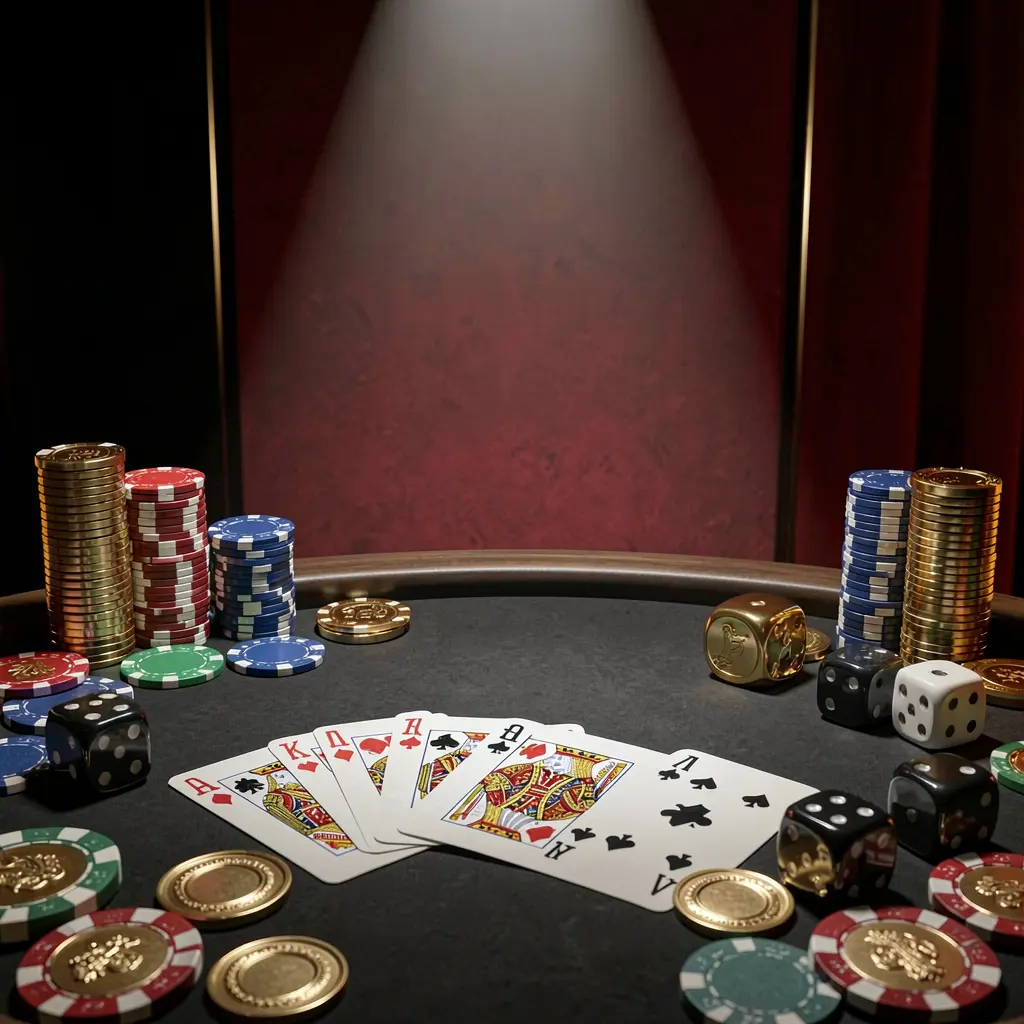 TK456 casino table featuring a royal flush hand, poker chips, golden coins, and dice on a luxury black and red background with dramatic spotlight in a realistic 3D render TK456 casino table featuring a royal flush hand, poker chips, golden coins, and dice on a luxury black and red background with dramatic spotlight in a realistic 3D render