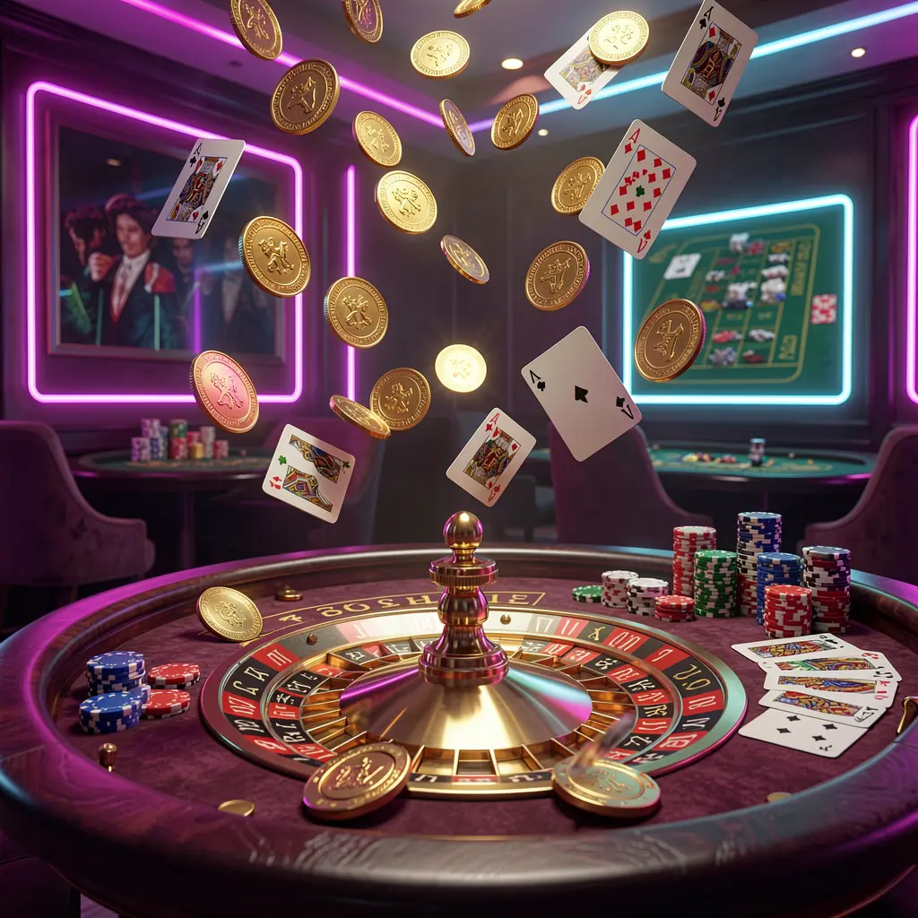Elegant TK456 premium casino gaming scene featuring a detailed 3D roulette table with chips and cards, golden coins flying in the air under dramatic neon lighting Elegant TK456 premium casino gaming scene featuring a detailed 3D roulette table with chips and cards, golden coins flying in the air under dramatic neon lighting