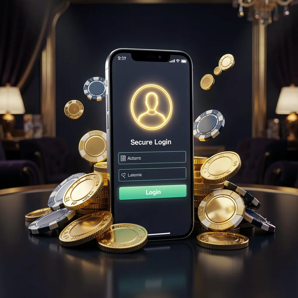 TK456 online casino login page hero banner featuring a modern smartphone with a secure login screen, glowing user profile icon, golden coins and poker chips on a dark luxury background TK456 online casino login page hero banner featuring a modern smartphone with a secure login screen, glowing user profile icon, golden coins and poker chips on a dark luxury background