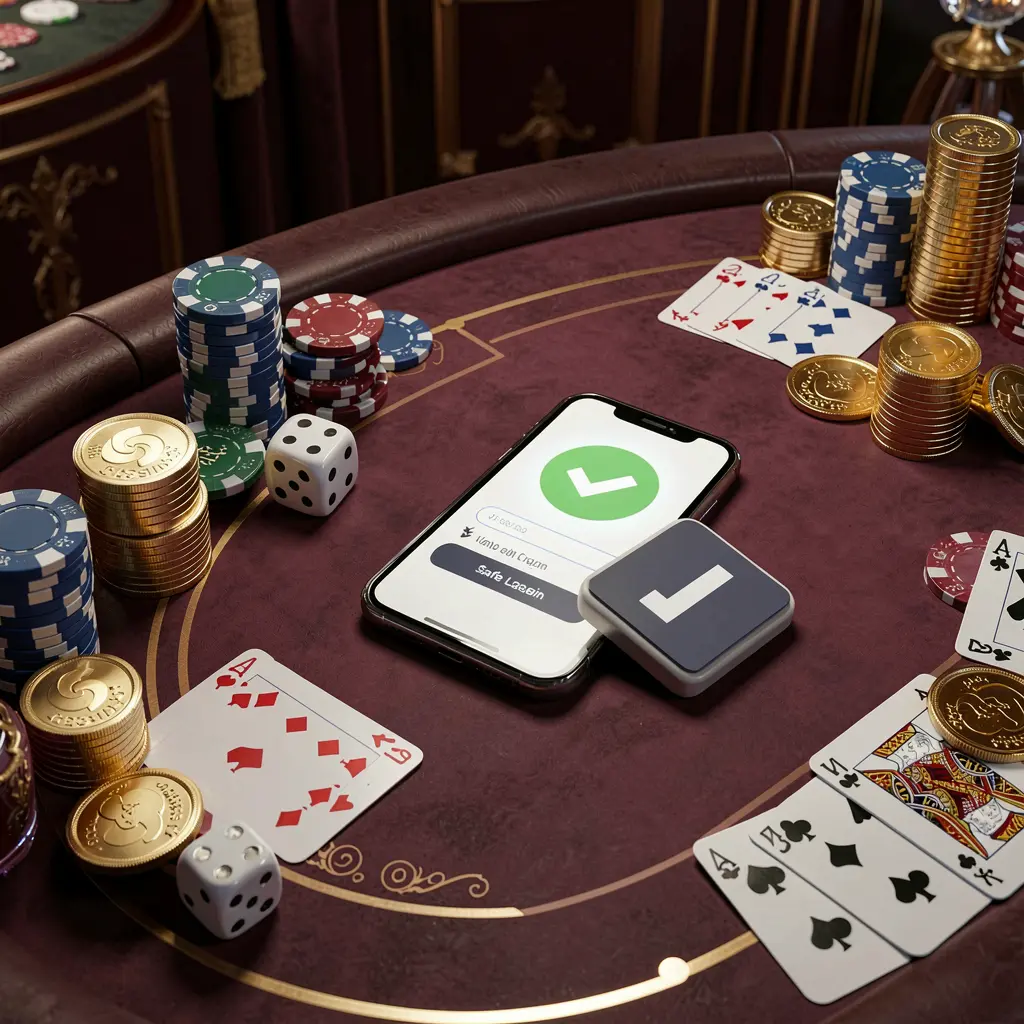 TK456 safe casino login concept showing a smartphone with a verification checkmark icon surrounded by chips, cards, dice, and golden coins on an elegant luxury casino table in a 3D realistic render TK456 safe casino login concept showing a smartphone with a verification checkmark icon surrounded by chips, cards, dice, and golden coins on an elegant luxury casino table in a 3D realistic render