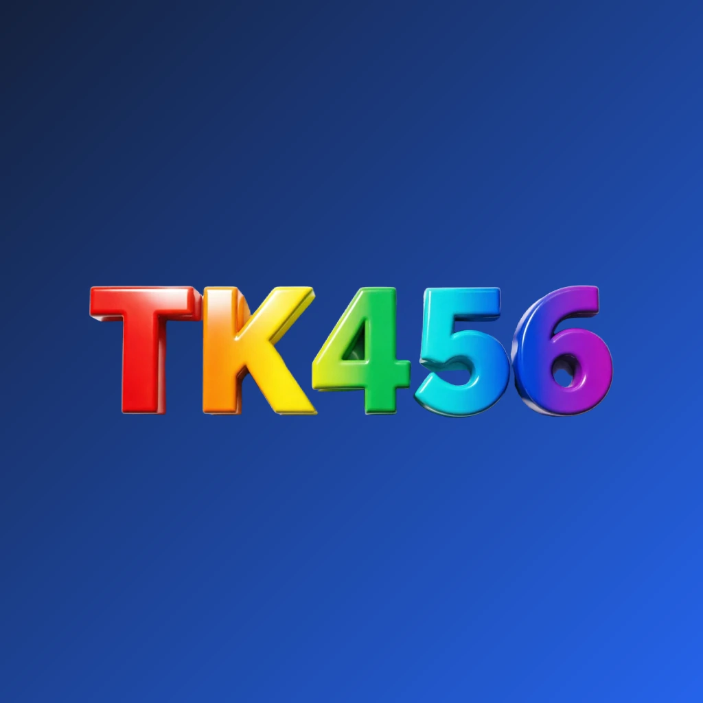 3D logo of TK456 with oversized bold font in colorful rainbow gradient and glossy plastic texture, featuring strong shadows and highlights on a transparent background, designed as a horizontal rectangular wordmark for website header