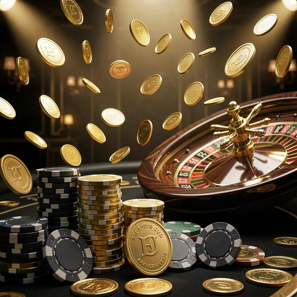 TK456 online casino main page background featuring dramatic casino lights, golden coins flying, stacked poker chips in the foreground, and a roulette wheel behind in a luxury black and gold atmosphere